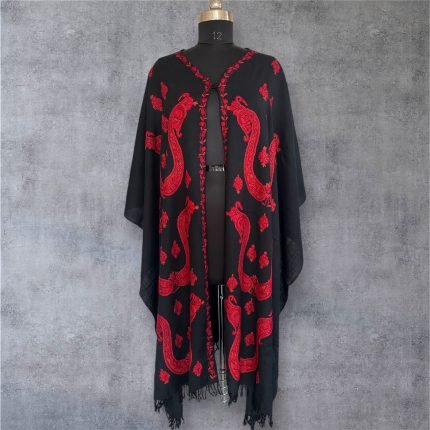 Cape Shawl - Pure Wool - Handwork|Handmade - Black with red embroidery